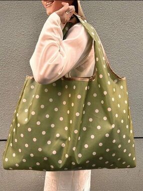 Olive Polka Dot Foldable Large Tote Bag NWT